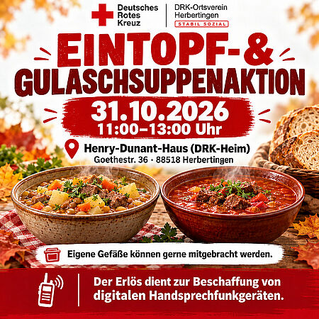 Veranstaltungsplakat des DRK-Ortsvereins Herbertingen zur Eintopf- und Gulaschsuppenaktion am 31. Oktober 2026 von 11 bis 13 Uhr im Henry-Dunant-Haus.